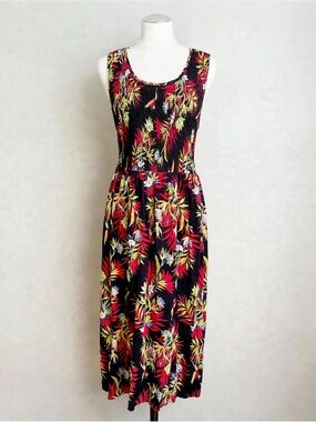 Iyala Tropical Floral Smocked Waist Maxi Dress Pockets Size L